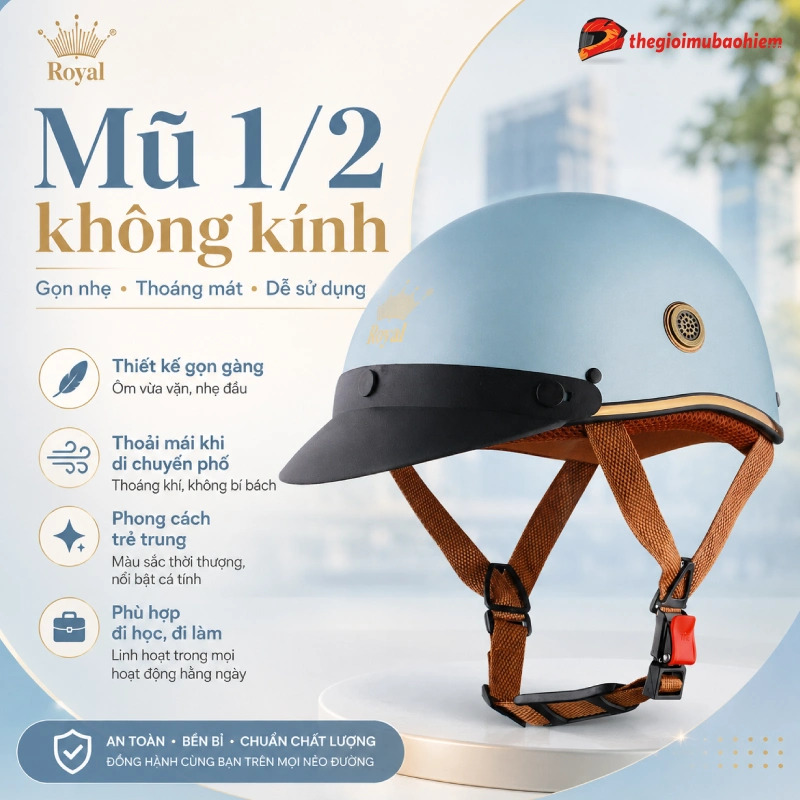 Các loại mũ bảo hiểm đẹp gồm mũ 1/2 không kính phổ biến nhất