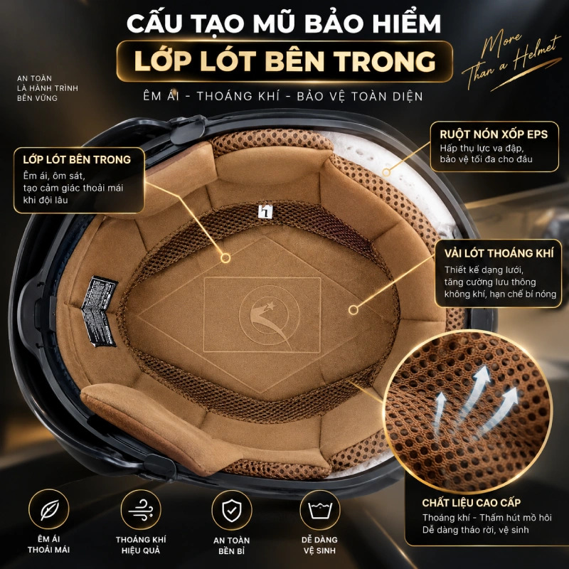 Cấu tạo của nón bảo hiểm không thể thiếu Lớp lót bên trong