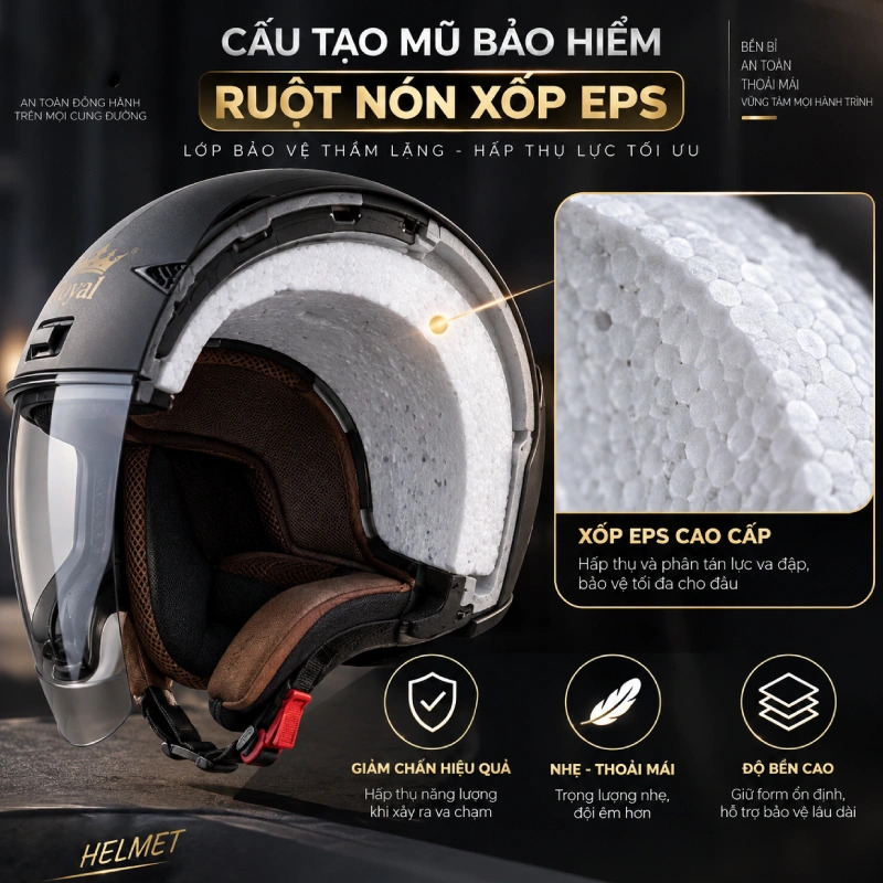 Cấu tạo mũ bảo hiểm có Lớp xốp hấp thụ xung động