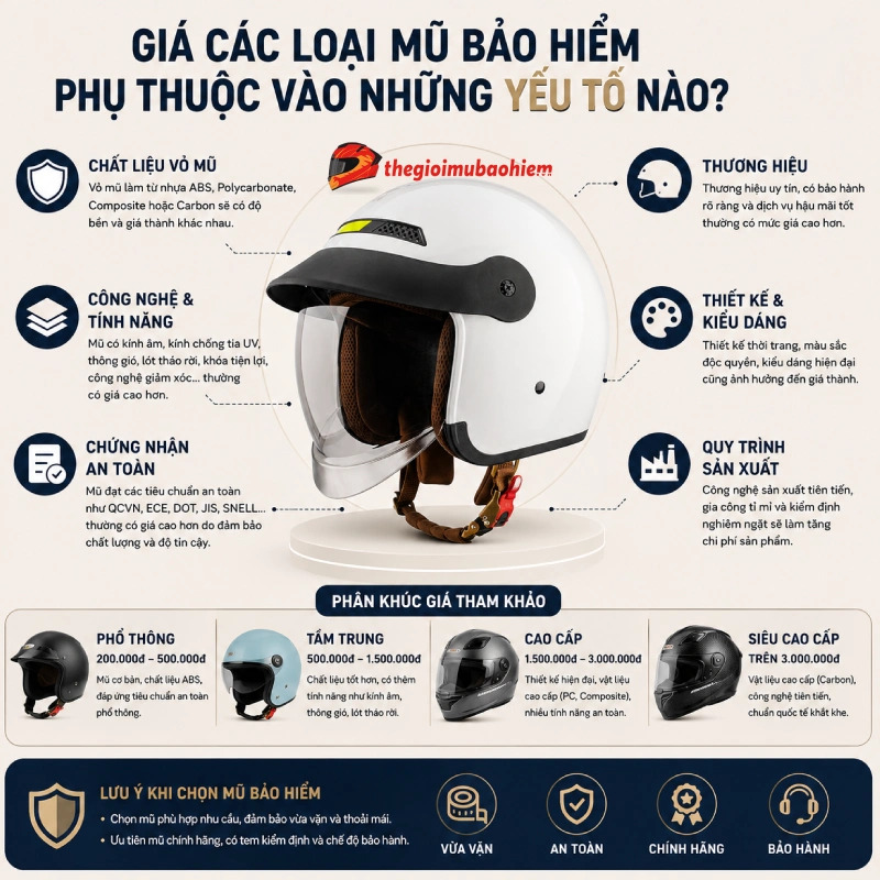 Giá các loại mũ bảo hiểm phụ thuộc vào những yếu tố nào?