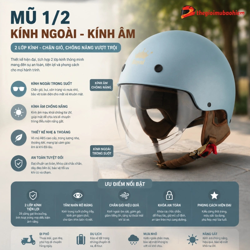 Các loại mũ bảo hiểm đẹp gồm mũ 1/2 kính âm