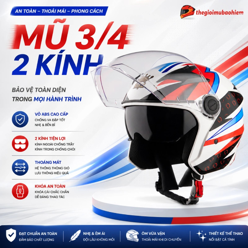 Các loại mũ bảo hiểm đẹp gồm mũ 3/4 2 kính