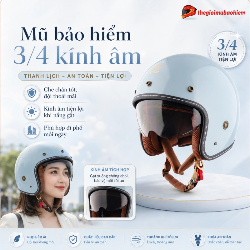 Các loại mũ bảo hiểm đẹp gồm mũ 3/4 kính âm