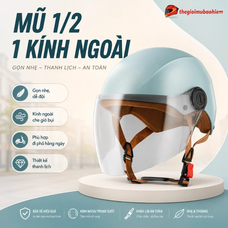 Các loại mũ bảo hiểm đẹp gồm mũ 1/2 1 kính ngoài
