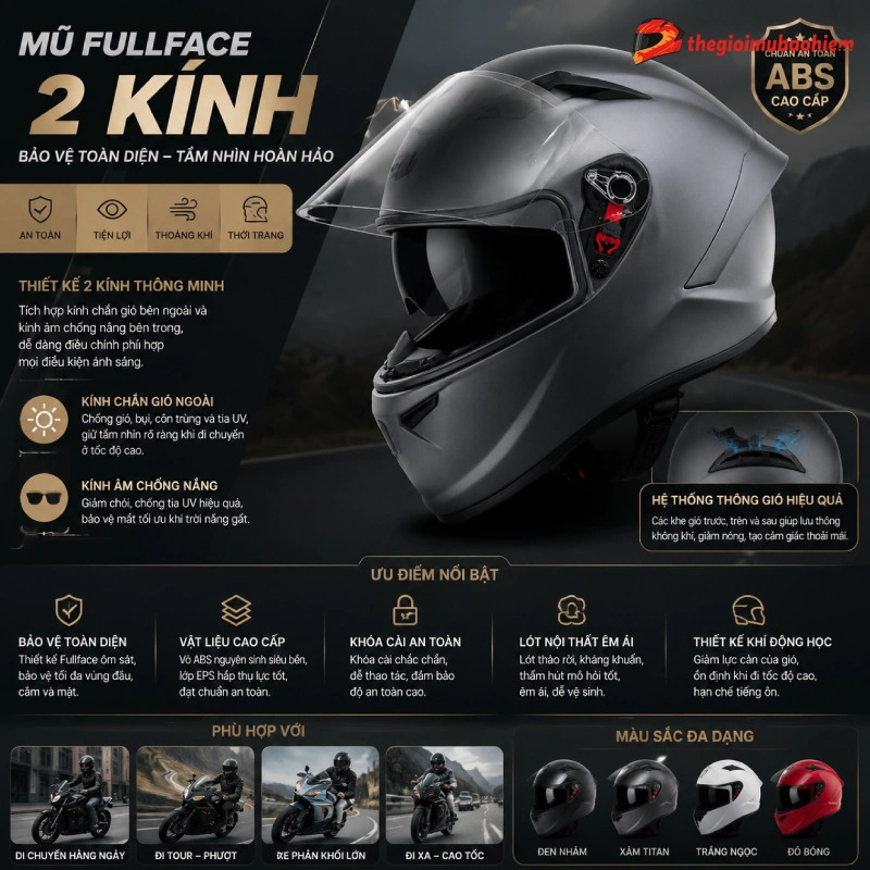 Các loại mũ bảo hiểm đẹp gồm mũ fullface 2 kính